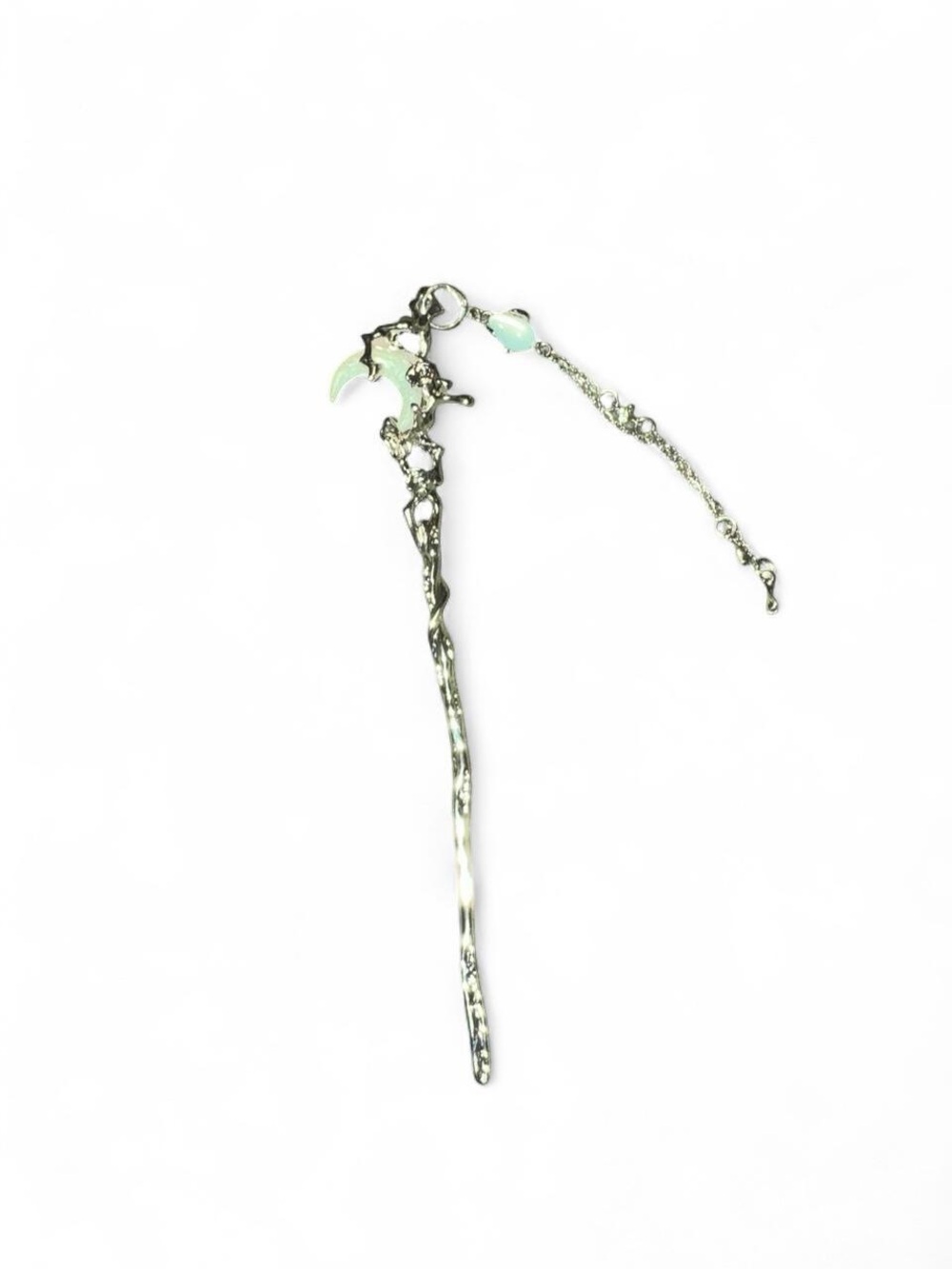 Silver Moon Charm Hairpin with Pale Green Accents